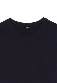 T-shirt blu navy a girocollo realizzato in morbido cotone, con una superficie liscia e un piccolo etichetta del marchio vicino al collo.