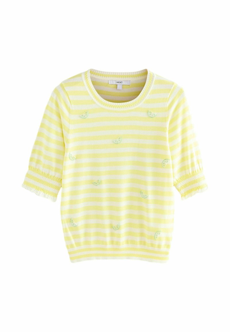 Pull court à manches courtes rayé jaune avec des accents de fruits brodés verts. Encolure et manches côtelées, fabriqué en tissu tricoté doux.