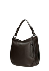 Donkerbruin gestructureerd leren schoudertas met een verstelbare band, een rits zijzak en een decoratieve franjeriem die hangt aan een metalen ketting.