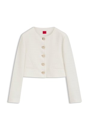 Λευκό cropped μπουφάν με μακριά μανίκια, στρογγυλή λαιμόκοψη, πέντε χρυσά κούμπωμα και διακριτικό υφασμένο ύφασμα.