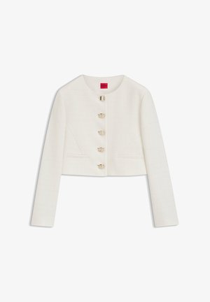 Witte cropped jas met lange mouwen, ronde hals, vijf gouden sluitingen en subtiele gestructureerde stof.