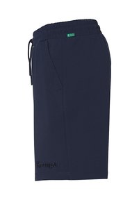 Shorts de sport bleu marine en tissu doux avec une taille élastique et un cordon de serrage ; dotés de poches latérales et d'un logo "Kempa" brodé.