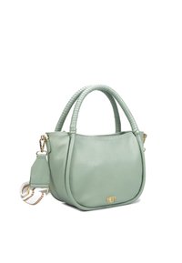 Borsa a struttura verde realizzata in pelle liscia, con manici intrecciati e dettagli in oro, dotata di una tracolla rimovibile e una branding sottile.