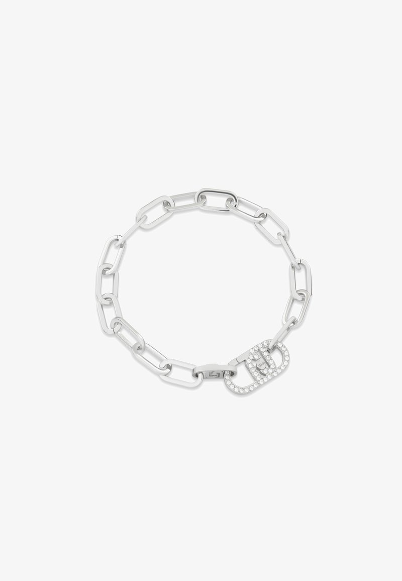 Hopeaketju, jossa on pitkiä lenkkejä ja lukko, jossa on pyöreä korostus, koristeltu kirkkailla kimalteisilla kivillä.