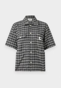 Zwart-wit kortermig overhemd met knopen en ruitpatroon, kraag en Carhartt logovlek op de borstzak.