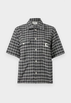 Fekete-fehér kockás mintájú rövid ujjú gombos ing, gallérral és a Carhartt logóval az alsó zseben.