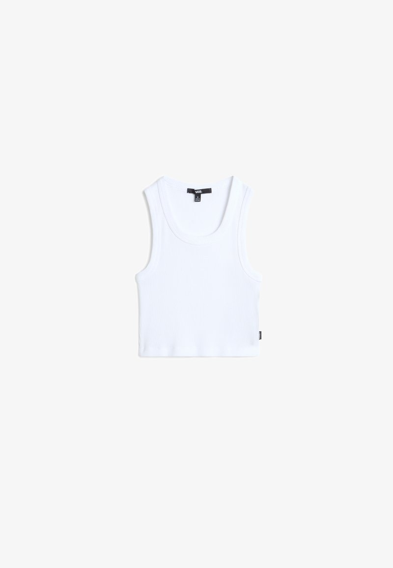 Witte katoenen tanktop met een geribbelde textuur, ronde halslijn en brede schouderbanden. Heeft een klein merketiket aan de zoom.