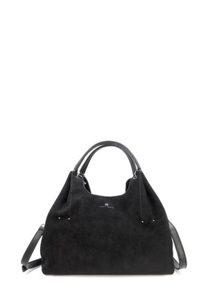 Borsa a tracolla nera in suede con manici in pelle liscia. Presenta un design spazioso, dettagli di cuciture sottili e un logo sul davanti.