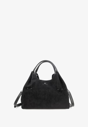 Borsa a tracolla nera in suede con manici in pelle liscia. Presenta un design spazioso, dettagli di cuciture sottili e un logo sul davanti.
