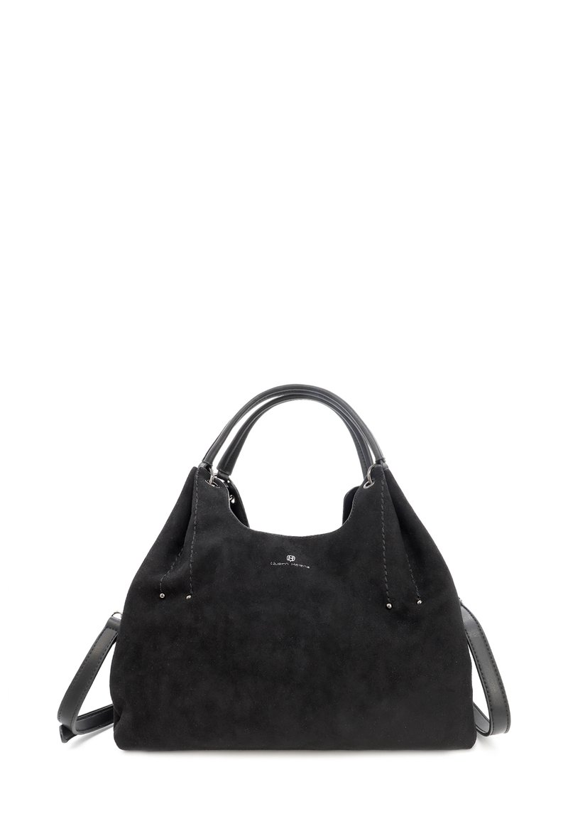 Borsa a tracolla nera in suede con manici in pelle liscia. Presenta un design spazioso, dettagli di cuciture sottili e un logo sul davanti.