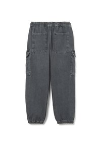 Donkergrijze denim joggerbroeken met elastische tailleband en boorden, voorzien van twee achterzakken en zijvakjes met kleppen.
