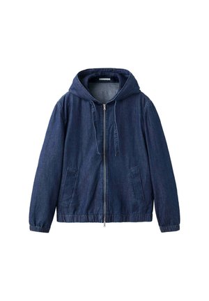 Dunkelblaue Kapuzenjacke mit Reißverschluss, Kordeln, Seitentaschen, elastischen Bündchen und Saum, auf weißem Hintergrund dargestellt.