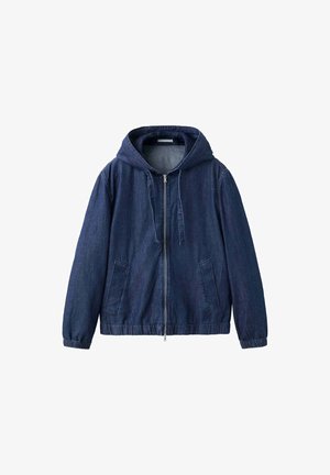 Dark blue zip-up hooded jacket with drawstrings, side pockets, elastic cuffs, and hem, displayed on a white background.