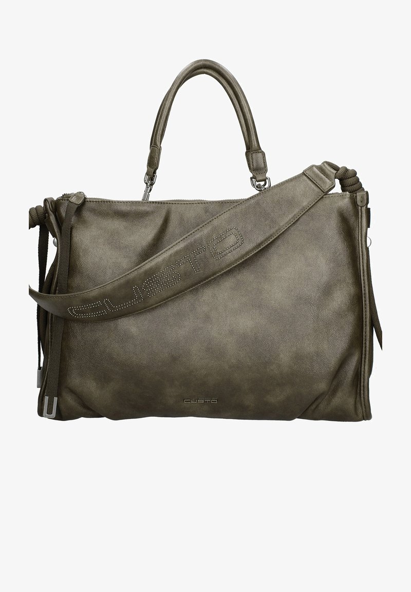 Olijfgroene neplederen handtas met dubbele handvatten, verstelbare schouderriem, ritssluiting en ingebrand merklogo. Soepele structuur, minimalistisch ontwerp.