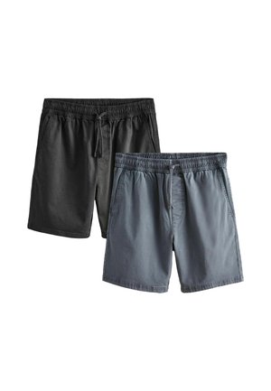 Kaks meeste vabaaja lühikest püksid, millel on elastsed vöökohad ja paelad, üks must ja teine hall, paigutatud kõrvuti valgel taustal.