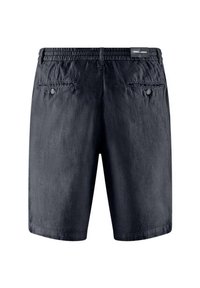 Pantaloni corti blu scuro realizzati in tessuto leggero, caratterizzati da una vita elasticizzata, due tasche posteriori con bottone e una finitura dell'orlo pulita.