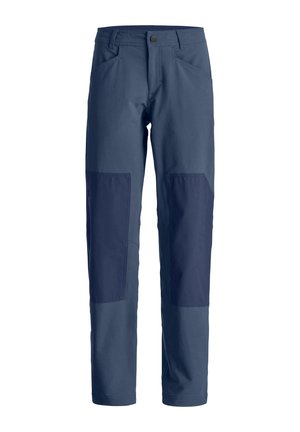 Marineblaue gerade geschnittene Hose mit verstärkten Knieeinsätzen, vorderen Taschen und Knopfverschluss in der Taille.