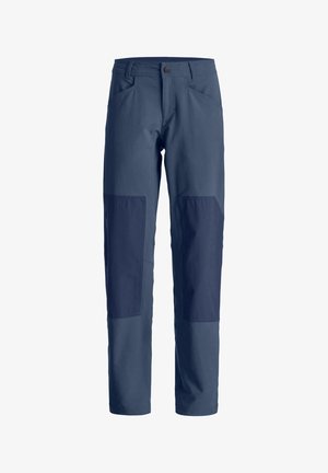 Navy blue straight-leg pants with reinforced knee patches, front pockets, and a button closure at the waist.