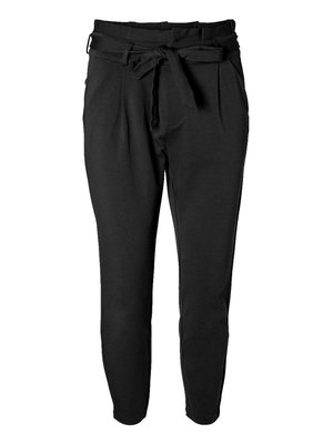 Black tapered trousers with a belted waist, featuring front pleats, a smooth texture, and a minimalist design. Suitable for casual or formal wear.