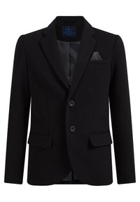 Svart kavaj i strukturerad tyg, med kavajslag, två knappar och framfickor. Inkluderar en fickkvadratsdetalj.