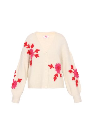 Cardigan crem cu decolteu în V, décorat cu broderii florale roz pe ambele mâneci și cinci nasturi pe față. Textură moale, croi lejer.