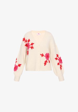 Kreemikas kardigan V-kaelusega, millel on roosade lillede tikandid mõlemal varrukal ning viis nööpi ees. Pehme tekstuur, mugav istuvus.