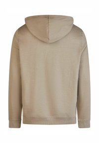 Bluza z kapturem w jasnym beżu, wykonana z miękkiego materiału. Posiada ściągacze na rękawach i u dołu, charakteryzuje się gładką teksturą oraz prostym wzorem.
