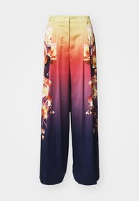 Weite Hosen mit einem Farbverlauf von Gelb nach Pink, verziert mit floralen Mustern an den Seiten in Orange- und Violetttönen. Glattes Material.