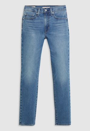 Jeans de denim azul claro con diseño de pierna recta, estilo de cinco bolsillos, detalles de desgaste sutil y costuras en contraste.