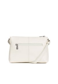 Borsa a tracolla bianca in pelle con texture liscia, chiusura a zip, tasca frontale e tracolla regolabile e removibile.