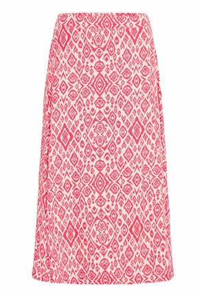 Spódnica do kolan z lekkiej tkaniny, zdobiona różowo-białym wzorem geometrycznym z motywami diamentów i kwiatów.