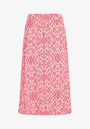 En knælang nederdel lavet af letvægtigt stof, der har et pink og hvidt geometrisk mønster med diamant- og blomstermotiver.