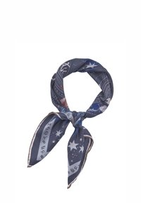 Foulard en soie avec un fond bleu foncé, présentant des motifs célestes, des étoiles et des symboles du zodiaque, terminé par une bordure de couleur claire.