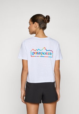 White short-sleeve t-shirt with a colorful "Patagonia" graphic and mountain design on the back. Casual fit, with a lightweight and soft texture.