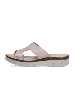 Lille pink syntetisk glide sandal med åben tå design, struktureret overdel og en hvid sål med en subtil dekorativ trim.