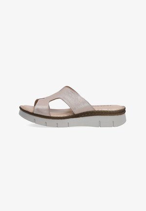 Lille pink syntetisk glide sandal med åben tå design, struktureret overdel og en hvid sål med en subtil dekorativ trim.