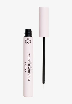 Sérum Pro Growth de GOSH pour cils et sourcils avec tube rose pâle ouvert et applicateur noir sur fond blanc.