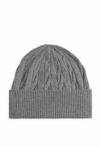 Gray knitted beanie with a cable pattern on top and a ribbed cuff at the bottom, made of soft, textured fabric.