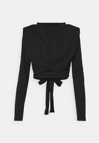 Schwarzes Langarmtop mit Wickeldesign, das ein Knoten-Detail an der Vorderseite und einen hohen Ausschnitt bietet. Hergestellt aus glattem, dehnbarem Stoff.