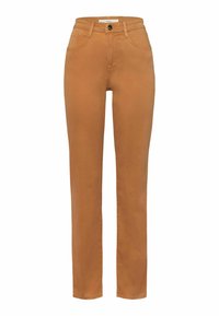 Pantalon marron coupe slim avec bouton et fermeture éclair à l'avant, passants pour ceinture, et poches latérales avant, présenté sur fond blanc.