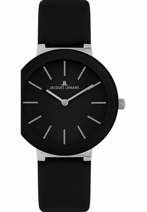 Schwarze Silikonarmbanduhr mit mattschwarzem Zifferblatt, silbernen Stundenmarkierungen und einem minimalistischen Design. Verfügt über eine silberne Krone an der Seite.