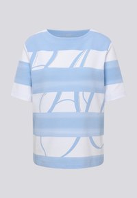 Light blue and white striped short-sleeve top with a round neckline, featuring a wavy design and textured fabric.
