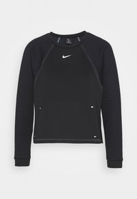 Sweat-shirt de sport noir à manches longues, épaules texturées et logo blanc sur la poitrine. Présente un col rond et des détails d'accent sur les côtés.