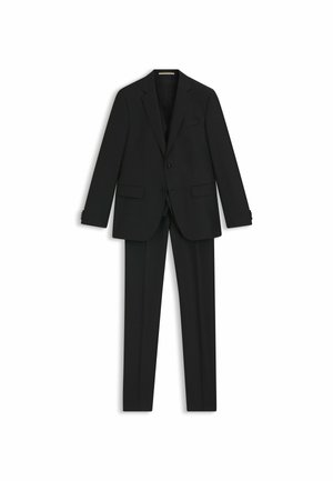 Zwart pak bestaande uit een slim fit blazer met twee knopen en een broek met platte voorkant, gemaakt van een gestructureerde stof met een subtiel patroon.
