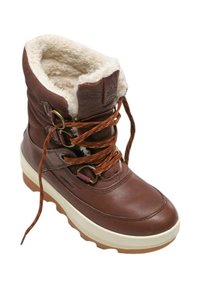 Botas de cuero marrón con forro de pelo sintético, cordones marrones y ojales de metal. Presenta una entresuela blanca y una suela estampada marrón.