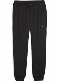 Svarta joggerbyxor gjorda av mjukt tyg, med elastisk midja, dragsko, sidfickor och en vit Puma-logotyp på nederkanten av vänster ben.