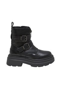 Botín de cuero negro hasta el tobillo con dos correas ajustables y hebillas plateadas, suela gruesa y cremallera para facilitar su uso.