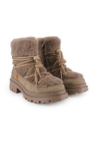 Botas marrones con revestimiento de piel, suela de goma gruesa, acentos de ante, cordones ajustables en color marrón claro y una altura corta, con una cremallera en el costado.