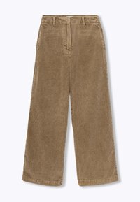 Pantalon large en velours côtelé marron avec des côtes verticales, présentant une taille plate, des passants de ceinture et un ourlet droit. Sans poches ni quincaillerie visible.
