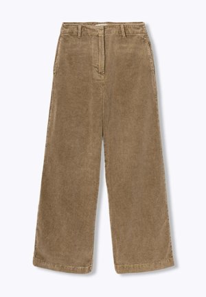 Pantalon large en velours côtelé marron avec des côtes verticales, présentant une taille plate, des passants de ceinture et un ourlet droit. Sans poches ni quincaillerie visible.